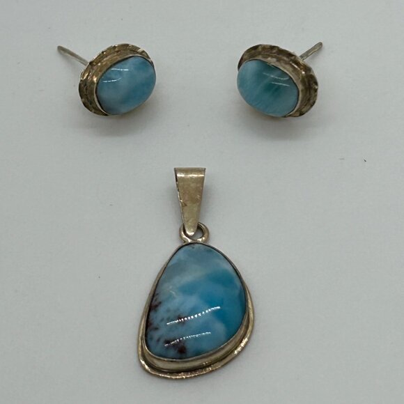 Vintage Sterling Silver Larimar Pendant Earring Set 925 Blue Pectolite Cabochon - Picture 5 of 11